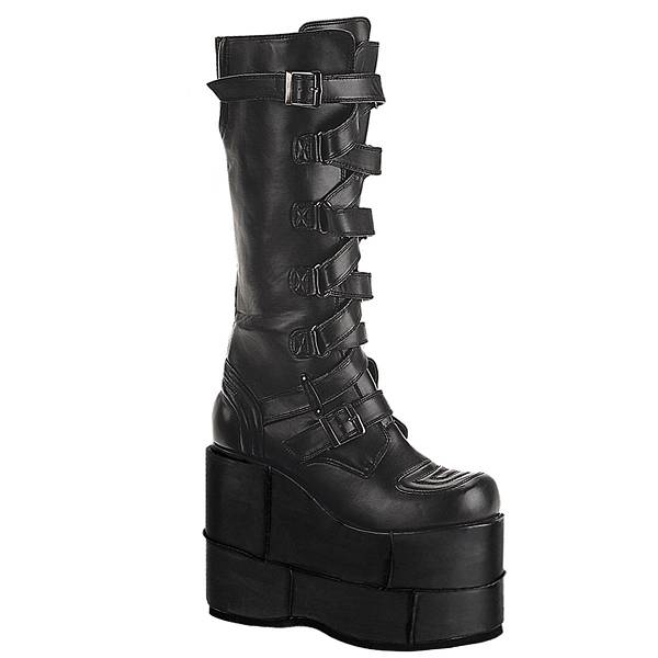 Demonia Stack-308 Black Vegan Leather Stiefel Damen D358-417 Gothic Kniehohe Stiefel Schwarz Deutschland SALE